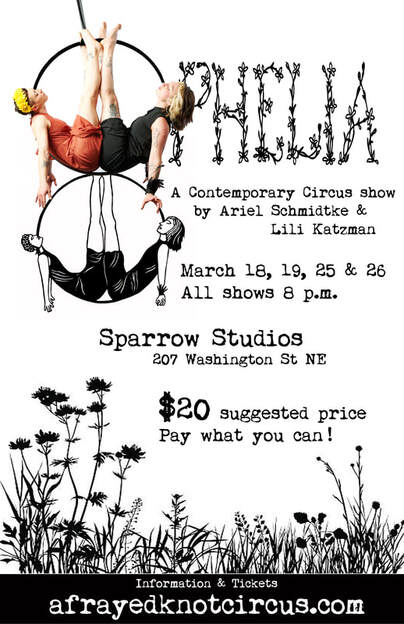 Poster for upcoming show featuring an image of characters on a hoop, show dates (March 18, 19, 25, & 26), location (Sparrow Studios, Olympia,) ticket and pricing information